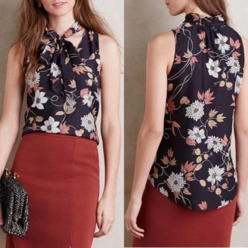 Anthropologie Maeve Floral Tie-Neck Blouse